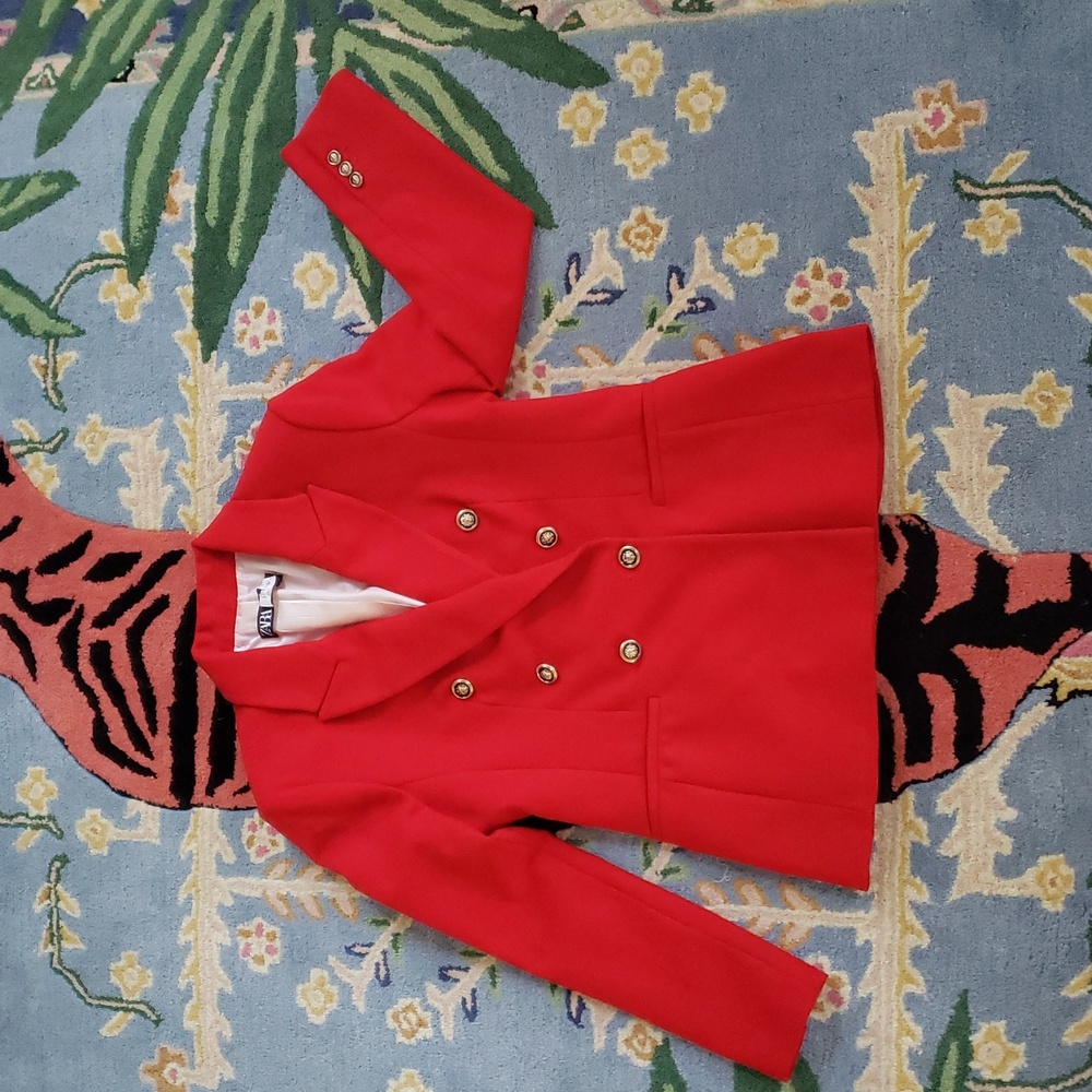 Zara red textured blazer with gold & black lion buttons